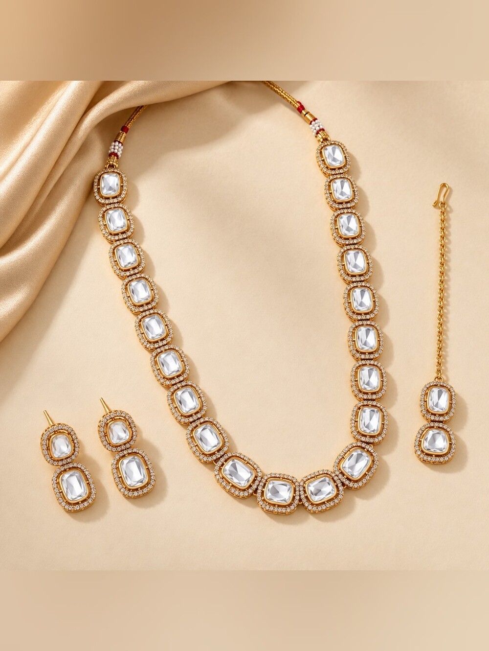 Gold-Tone Polki Long Necklace Set with Earrings and Maang Tikka